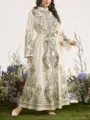 Abito lungo elegante taglia forte con stampa paisley, maniche lunghe e cintura chic. - 0052