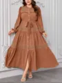 Vestido maxi de talla grande con manga larga, botones delanteros y detalles de encaje. - 4XL / Marrón