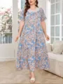 Plus size floral print short sleeve maxi dress with lace collar for women summer elegant. - 2XL / Pink Blue Floral