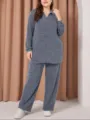 Plus Size Damen Freizeit Strick Zweiteiler Set mit Polokragen und weiten Hosenbeinen. - 06