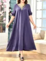 Elegantes, lila Maxikleid in Übergröße mit V-Ausschnitt, Stickerei und kurzen Rüschenärmeln. - Stil 247