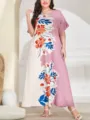 Plus size loose floral maxi dress, elegant short sleeve round neck split color long dress. - 3XL / Dresses / Multicolor