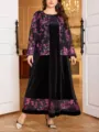 Plus size floral sheer overlay jacket with solid velvet long dress, elegant variant choice. - 0010
