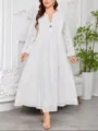 Elegant white plus size long sleeve maxi dress with eyelet embroidery and tie neck details. - 0XL / White