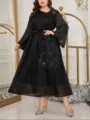 Elegante abito lungo nero plus size a maniche lunghe con dettagli in strass scintillanti. - 027 / 1XL