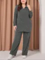 Bequemer Plus Size Freizeit Zweiteiler in Dunkelgrau mit einem Langarmshirt und Hose. - Symmetrisches Schwarz (07)