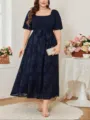 Details of elegant navy blue plus-size midi dress with square neck and floral jacquard pattern. - 3XL / Dresses / Navy Blue