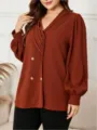 Elegante Plus Size Damen Bluse mit V-Ausschnitt, langarm Oberteil in Rostrot chic. - 0XL / Farbe 2