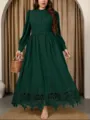 Elegant dark green plus-size long sleeve embroidered maxi dress detail view in studio. - 3XL / Dresses / Dark Green