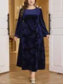Plus size deep blue velvet long sleeve dress, elegant loose floral maxi dress for women. - Color 0011