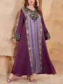 Abito lungo elegante taglie forti con ricamo geometrico, bellissima abaya viola da donna. - 0057