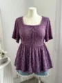 Purple floral jacquard square neck peplum short sleeve blouse detailed front view. - Color 20