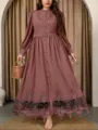 Detailed view of long sleeve maxi dress with elegant lace embroidery and belt design. - 1XL / Dresses / Lotus root pink