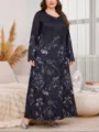 Plus Size Long Sleeve Maxi Dress, Black & Grey Vintage Print, Elegant Casual Loose Fit - 0012