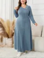Dames maxi jurk grote maat elegante blauwe lange mouw geribbelde casual dameskleding chic - Effen Blauw