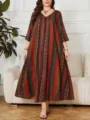 Abito lungo boho taglie forti a maniche lunghe con stampa verticale, vestibilità comoda e ampia. - 0059