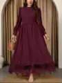 Elegant burgundy long sleeve maxi dress with exquisite embroidery and belt for women. - 3XL / Dresses / Burgundy