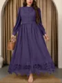 Detailed view of the elegant plus-size purple maxi dress with exquisite lace embroidery and belt. - 1XL / Dresses / Purple