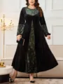 Elegante fluwelen maxi jurk lange mouwen grote maten vintage bloemen patchwork - Zwarte Fluweel Bloemen