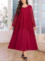 Elegant burgundy lace-layered long sleeve maxi dress detail, loose plus-size style. - 0XL / Dresses / Burgundy