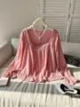 Pink lace square neck long sleeve blouse, elegant loose plus size women top detail view. - Color 17