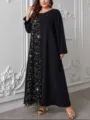 Vestido largo negro de talla grande con manga larga y panel de lentejuelas doradas. - 3XL / Negro