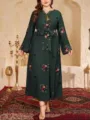Elegante abito maxi verde scuro taglie forti a maniche lunghe con ricamo floreale e cintura. - 0062