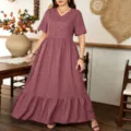 Übergrößene Damen Spitzen Patchwork lose Rüschensaum Kleid in Mauve V-Ausschnitt Kurzarm Design. - 0XL / Lotusrosa