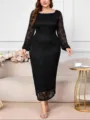 Plus size black lace midi dress featuring long sleeves and elegant slim fit design for daily wear. - 0XL / Dresses / Black