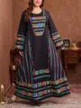 Plus size black long sleeve maxi dress with colorful geometric embroidery and elegant loose fit. - Color 0014