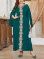 Plus size elegant dark green long dress with intricate gold embroidery and split sleeves. - 1XL / Dresses / Green