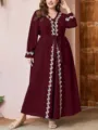 Plus size burgundy maxi dress with delicate floral embroidery details and elegant waist belt. - 2XL / Dresses / Burgundy