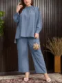 Plus Size Damen Zweiteiler Set lässig staubblaue Bluse Hose mit Perlenverzierung. - 14