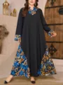 Plus size long sleeve maxi dress with elegant floral print panels, loose casual long robe style. - Color 0015