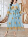 Plus size light blue maxi dress with gold floral embroidery, long sleeves and waist tie belt. - 3XL / Dresses / Light Blue