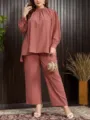 Große Größen lässiges zweiteiliges Set mit Langarmshirt und weiten Hosen in Altrosa. - 15