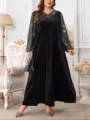 Vestido largo de terciopelo negro de talla grande con mangas de lentejuelas y cuello en V. - 3XL / Negro