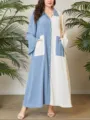 Close-up detail of the plus-size color-block maxi dress featuring chic lapel and button closure. - 3XL / Dresses / Blue & White