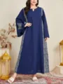 Comfortable plus size long sleeve maxi dress with stylish patterned side panels for women. - 1XL / Dresses / Blue