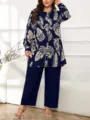 Grossegoessen laessiges zweiteiliges Set Damen Langarm Blaetter Print Hemd und Hose. - 16