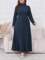 Abito maxi a maniche lunghe in maglia a costole blu scuro taglie forti, elegante. - 3XL / Blu scuro