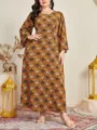 Detailed view of the plus size boho maxi dress with geometric print and elegant long sleeves. - 1XL / Dresses / Multicolor