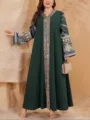 Elegant dark green plus size maxi dress featuring ornate front embroidery and long sleeves. - Color 0017