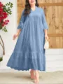 Light blue plus size V-neck eyelet embroidered maxi dress featuring long sleeves and skirt. - 3XL / Dresses / Blue