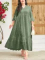 Plus size eyelet embroidered long dress detail, elegant v-neck design and loose fit style. - 0XL / Dresses / Army Green