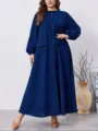 Abito maxi maniche lunghe taglie forti elegante tinta unita abbigliamento comodo - 3XL / Blu scuro