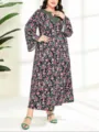 Plus size floral long sleeve maxi dress with lace trim detail for elegant daily wear. - 3XL / Dresses / Black