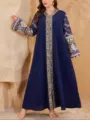 Elegant navy blue maxi dress featuring intricate embroidered front and long sleeves for chic style. - 0018