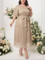 Plus size elegant shimmering midi dress featuring tiered sleeves and matching waist belt detail. - 1XL / Dresses / Apricot