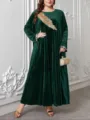 Taglia forte abito lungo elegante in velluto verde scuro maniche lunghe ricamato. - 1XL / Verde scuro